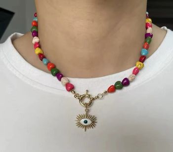 Collier en perles colorées avec pendentif œil doré, en acier inoxydable