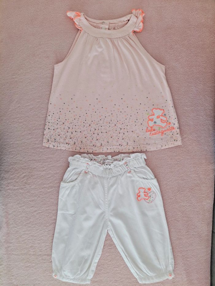 Ensemble Lulu Castagnette 36 mois tunique débardeur rose clair et pantalon blanc 3/4