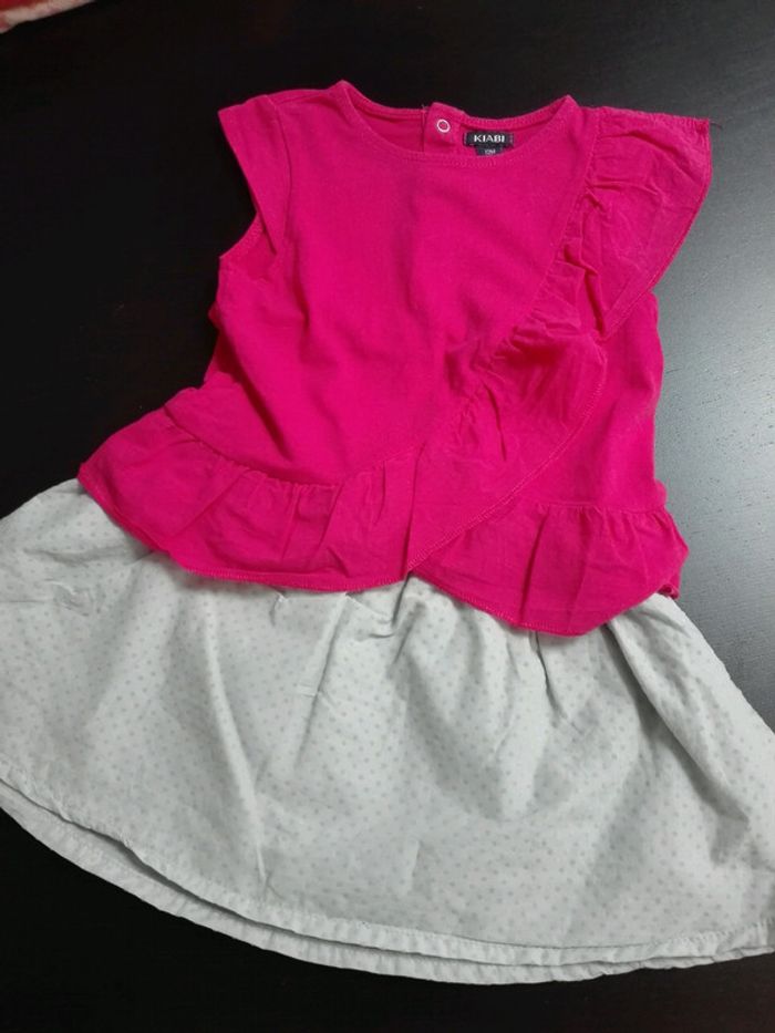 Ensemble bébé fille 12 mois Kiabi débardeur neuf rose volants asymétrique joue gris pois
