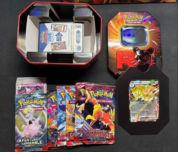 Pokebox Persian + cartes, pokebox rocket sv10 + cartes