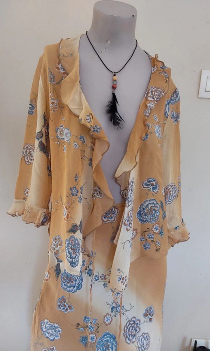 Superbe ensemble fluide Vintage beige bleu jupe et veste boléro T38 - photo numéro 2