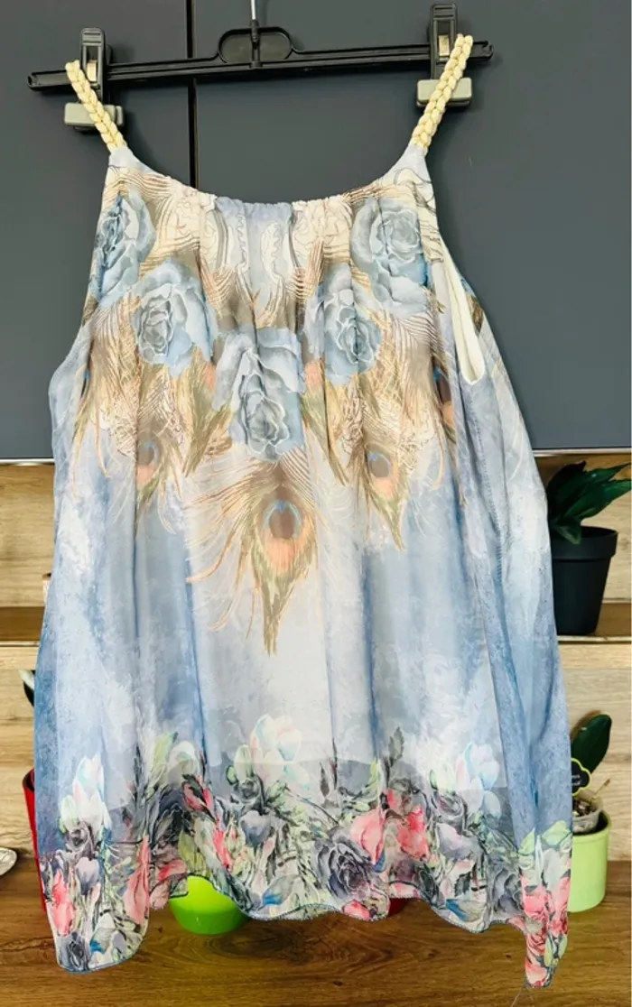 Blouse débardeur imprimé plumes de paon
