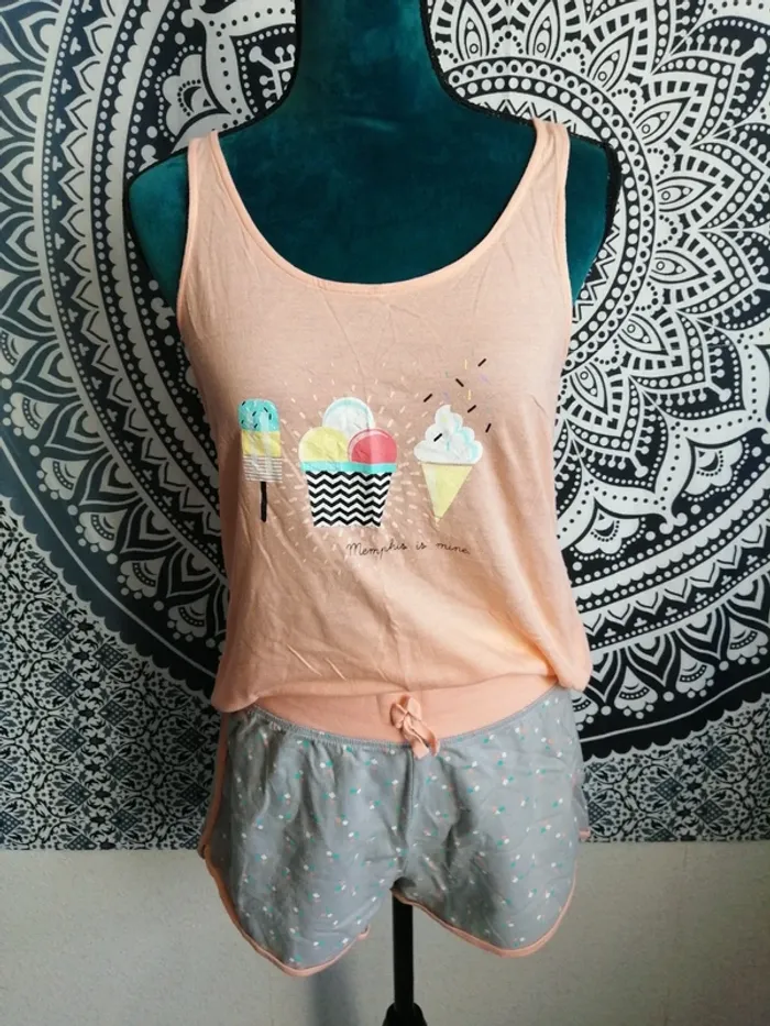 Ensemble de pyjama, short et débardeur gris et abricot imprimé glace / kiabi / (M)