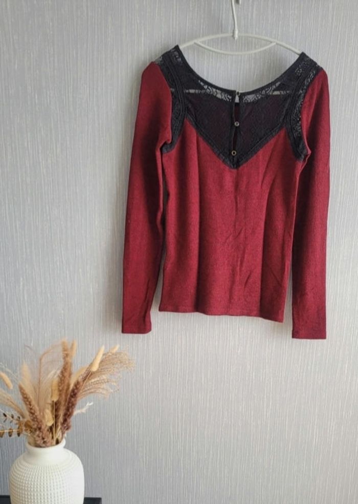Pull rouge manches longues dentelle Naf Naf - photo numéro 2