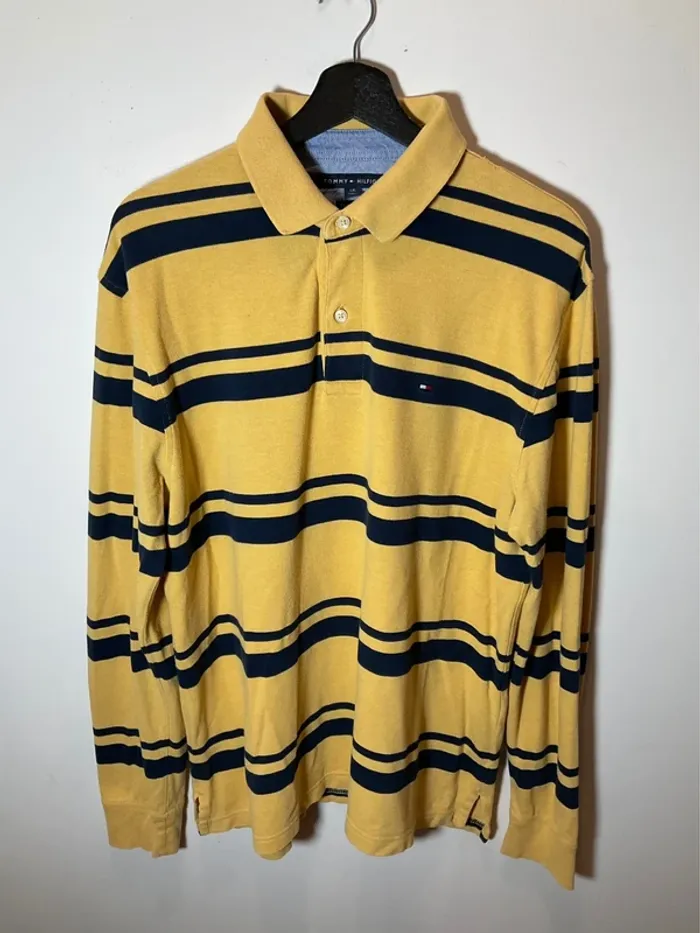 Polo manches longues moutarde à rayures bleu marine pour homme Tommy Hilfiger taille L 470
