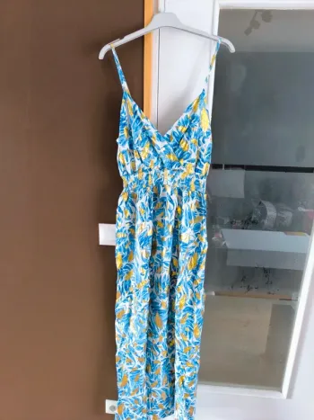 Robe longue imprimée tropicale bleue et dorée femme 40/42