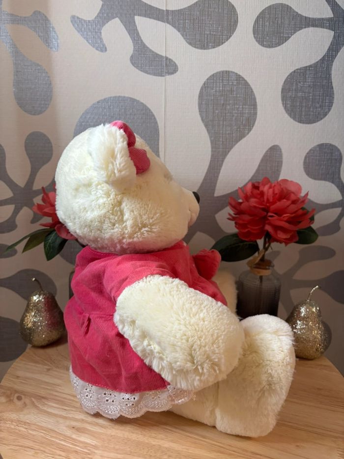 🌺Peluche ours blanc crème avec robe et noeud papillon rose🌺 - photo numéro 6