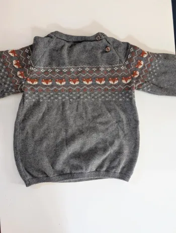 Pull jacquard gris motif renard fille garçon mixte 3-4 ans