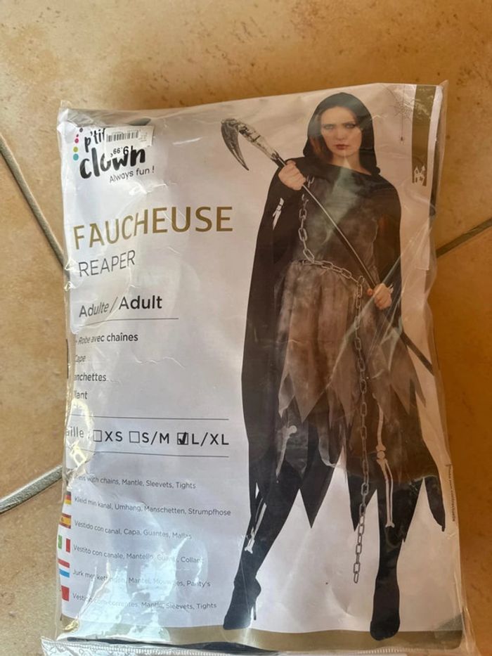 Déguisement, femme, adulte, faucheuse, robe avec chaîne, Cappe manchettes collant taille L
