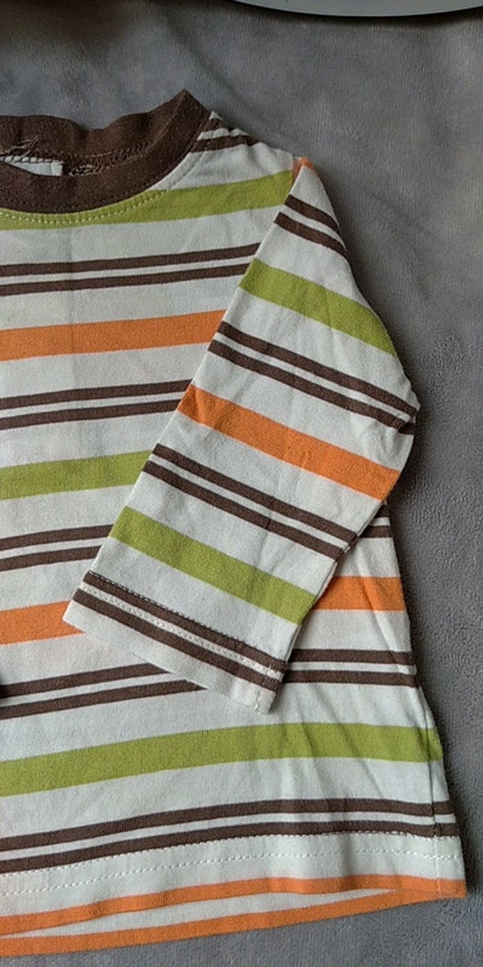 Tee shirt manches longues rayé marron vert orange Garçon 6 mois 100% coton - photo numéro 4