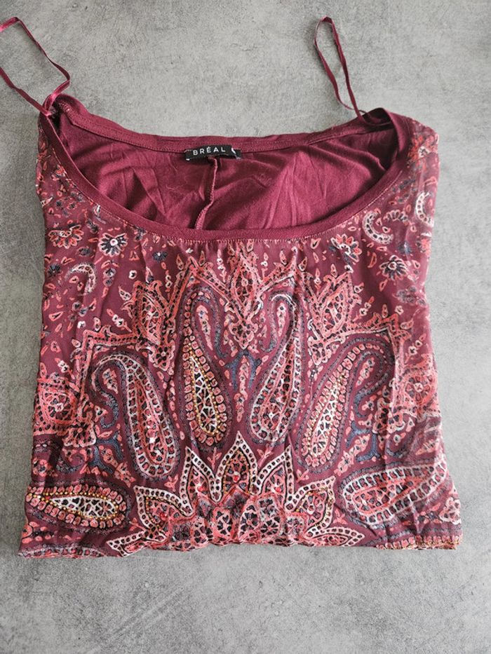 Blouse manches 3/4 femme - Taille 5 (44 / XXL) - Bréal - Bordeaux sérigraphie avec strass - photo numéro 9