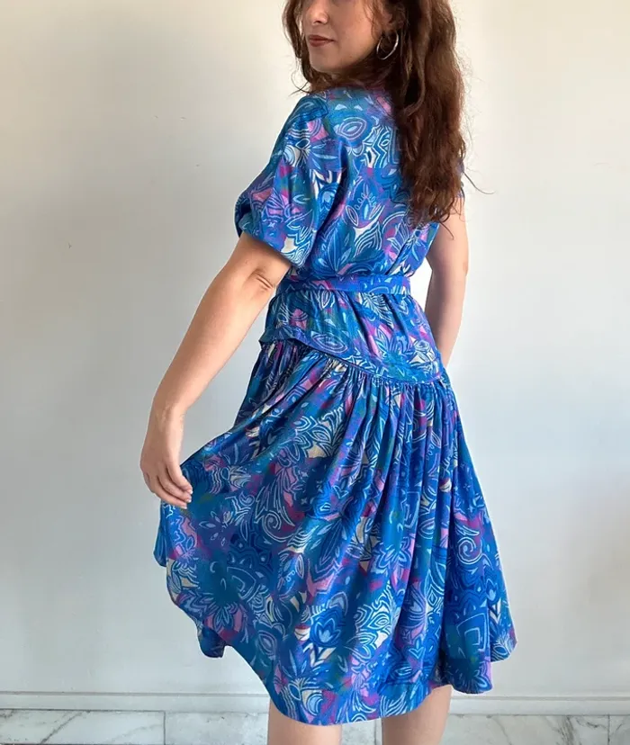 Robe vintage bleue à motifs années 70 taille S à M - photo numéro 5