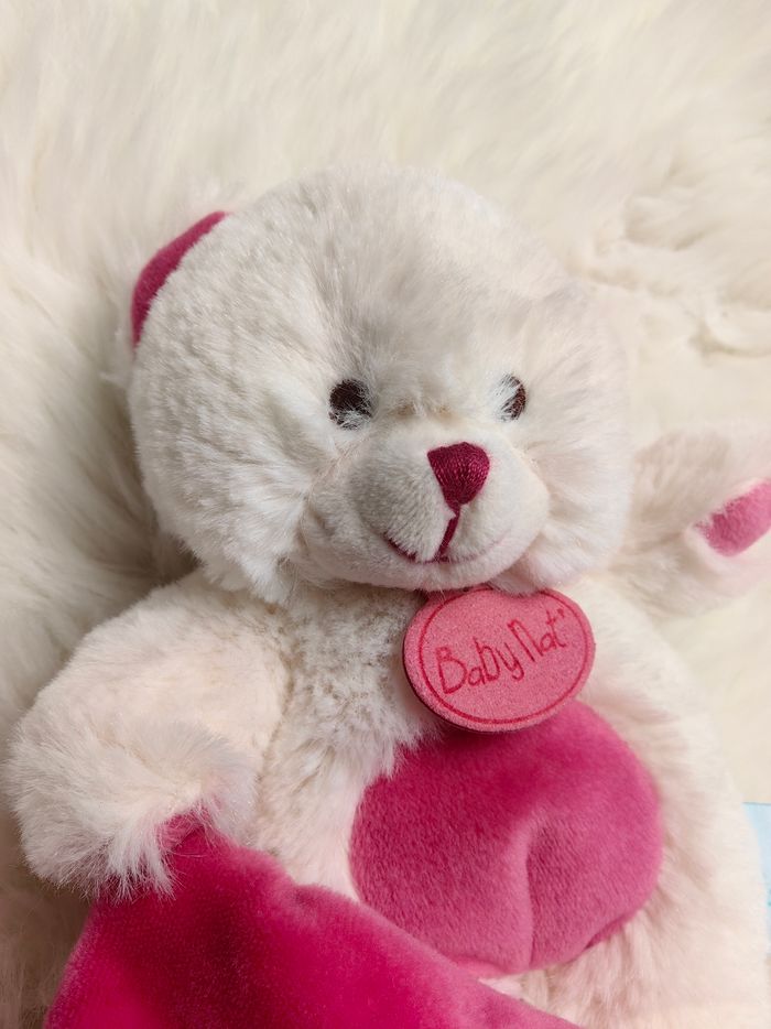 Doudou mouchoir peluche pantin ours ourson câlins Baby Nat BN071 Blanc Rose - photo numéro 2