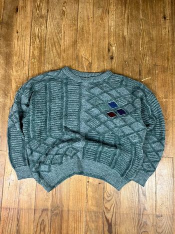 Pull maille vintage laine motifs rayures brodé M