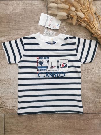 🌺Teeshirt Week-end à la mer 6mois Rayé bleu marine et blanc neuf avec étiquette