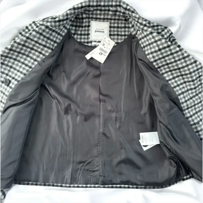 Manteau court laine à carreaux noir/gris - photo numéro 4