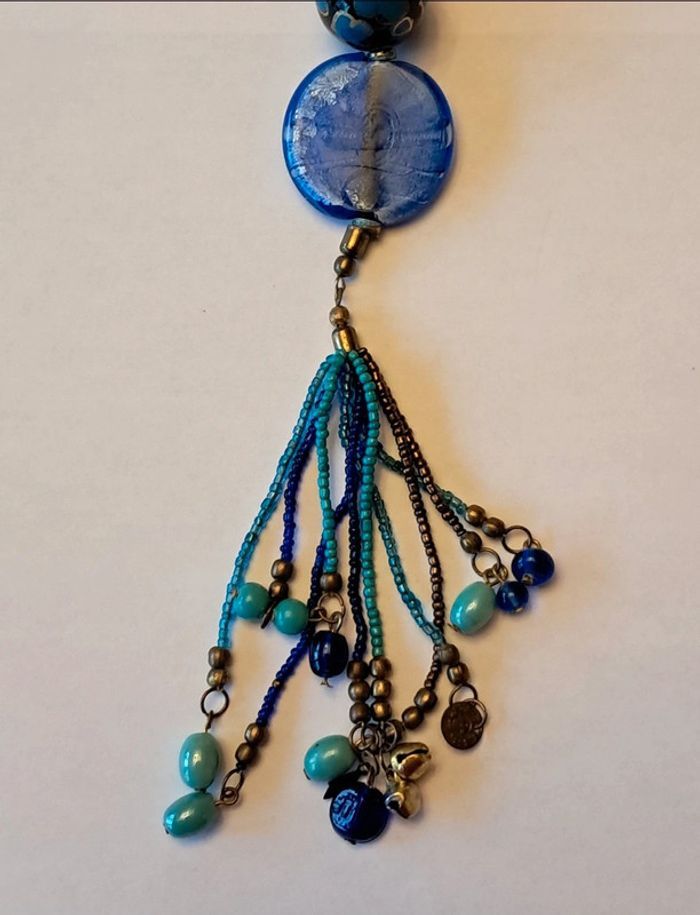 Collier long NEUF avec perles bleues vertes et dorées - photo numéro 3