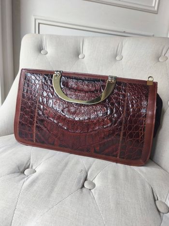 🤎Sac vintage en cuir véritable embossé façon croco – anse rigide métal doré