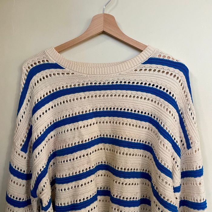 Pull ajouré coton rayé bleu blanc écru BZB taille L 100 % coton maille printemps été légère V060 - photo numéro 2