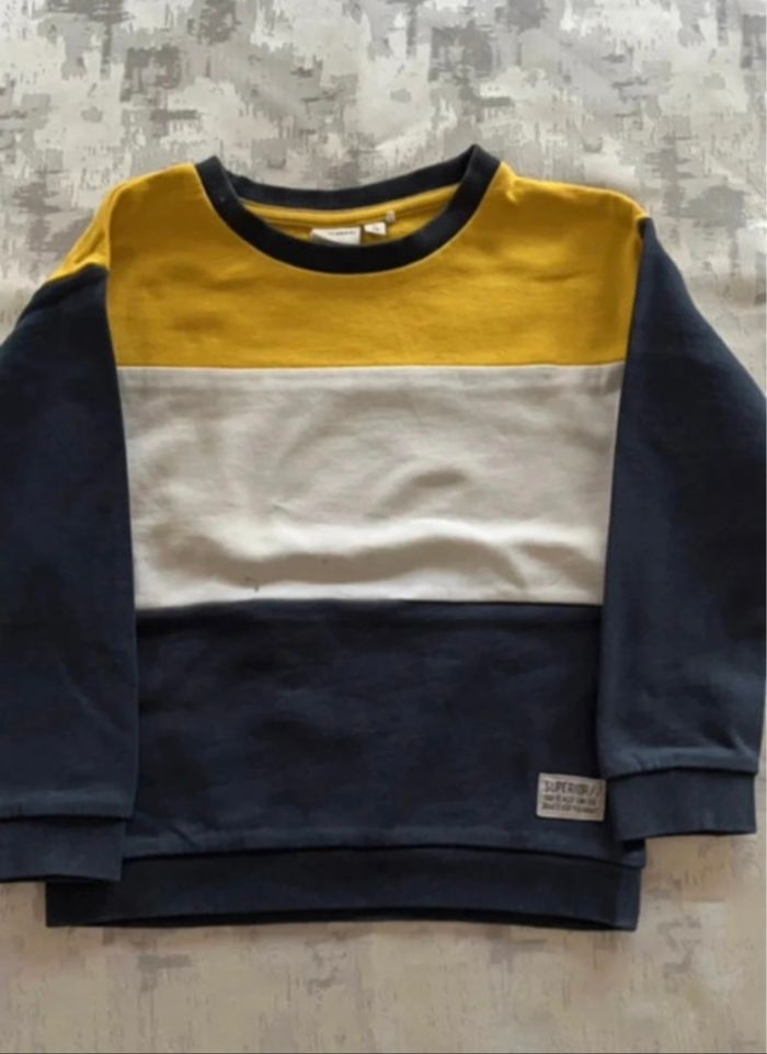Pull garçon Name It col rond 5 ans jaune/blanc/bleu marine – coton – Bon état