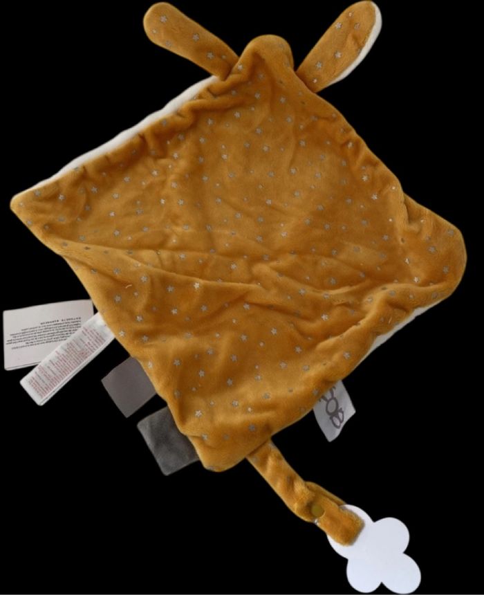 ❤️B5504 Doudou Plat mouchoir Lapin Blanc Jaune Étoiles Attache Tétine Okaïdi Obaïbi - photo numéro 2