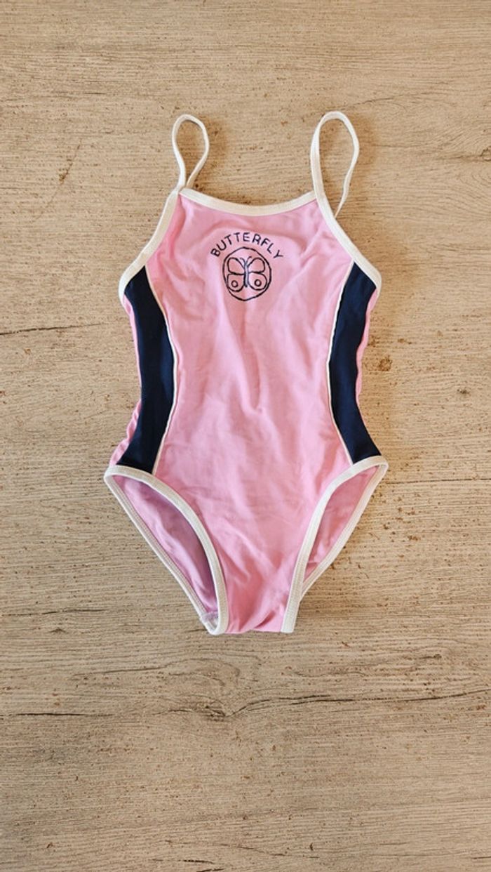 Maillot 1 pièce fille rose, bleu fonce et blanc, peu mis, Butterfly, 4 ans - photo numéro 2