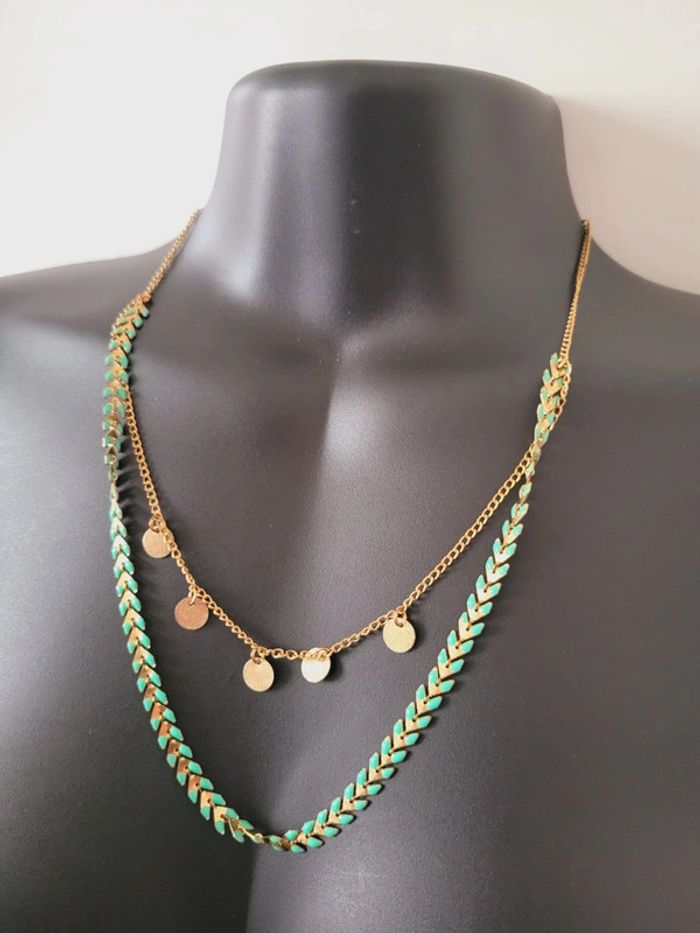 Collier double rang Camaïeu bleu turquoise doré coquette - photo numéro 8