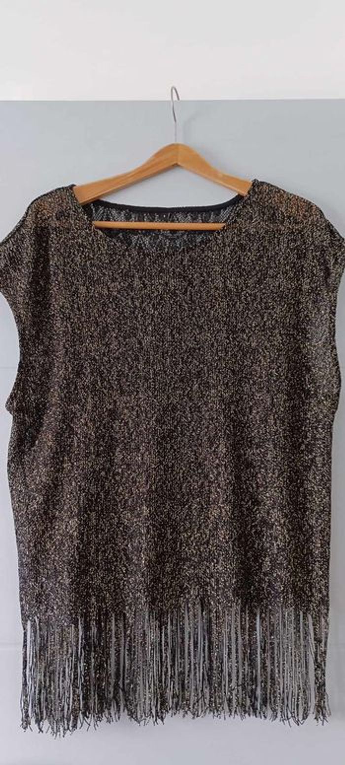 Haut ajouré sans manches noir et or à paillettes avec franges Taille 6