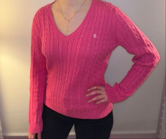 🩷 Pull Ralph Lauren Neuf Torsadé Rose Col V Taille L/40 - 100% Coton - photo numéro 2