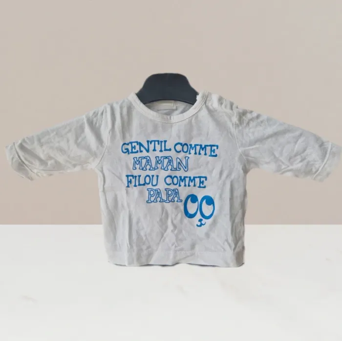 Superbe t-shirt manches longues blanc "Gentil comme maman Filou comme papa" - Taille 6 mois