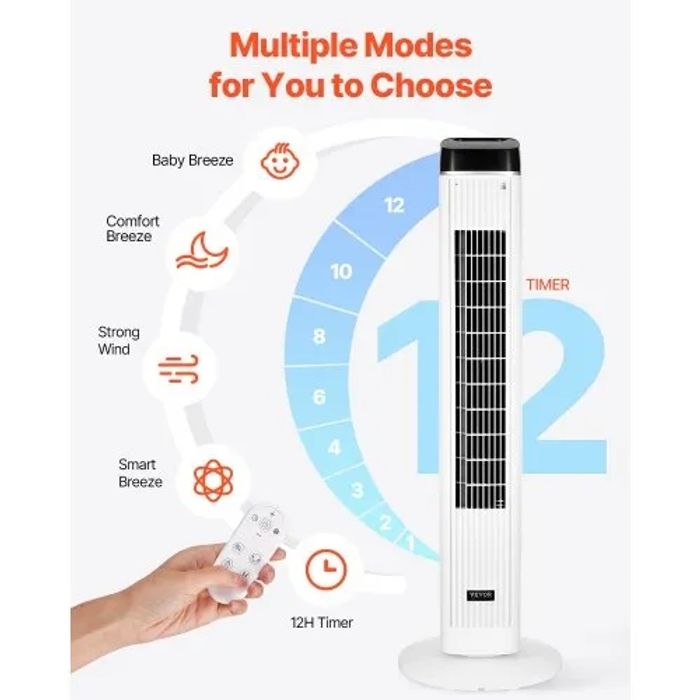 VEVOR Ventilateur Colonne, 996 mm, Ventilateur Tour Sol Oscillant 70° Silencieux Portable, 6,7 m/s, Vitesses Réglables, avec Minuterie 12 h, Télécommande, Refroidissement pour Chambre, Bureau, Maison - photo numéro 7