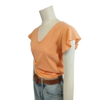 T-shirt corail fluide col V avec dos ajouré style bohème chic manches volantées femme M A967