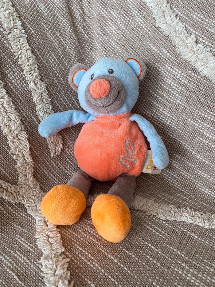 Peluche doudou 30cm Doukidou ours bleu et orange feuille très bon état