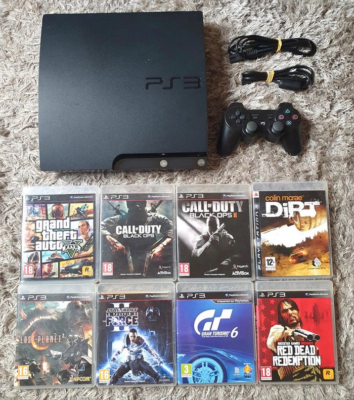 Lot Console PlayStation 3 PS3 Slim 120go + 1 Manette Officielle & 8 Jeux