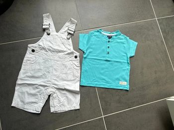 Ensemble 2 articles: salopette blanche et t-shirt col tunisien turquoise bébé garçon