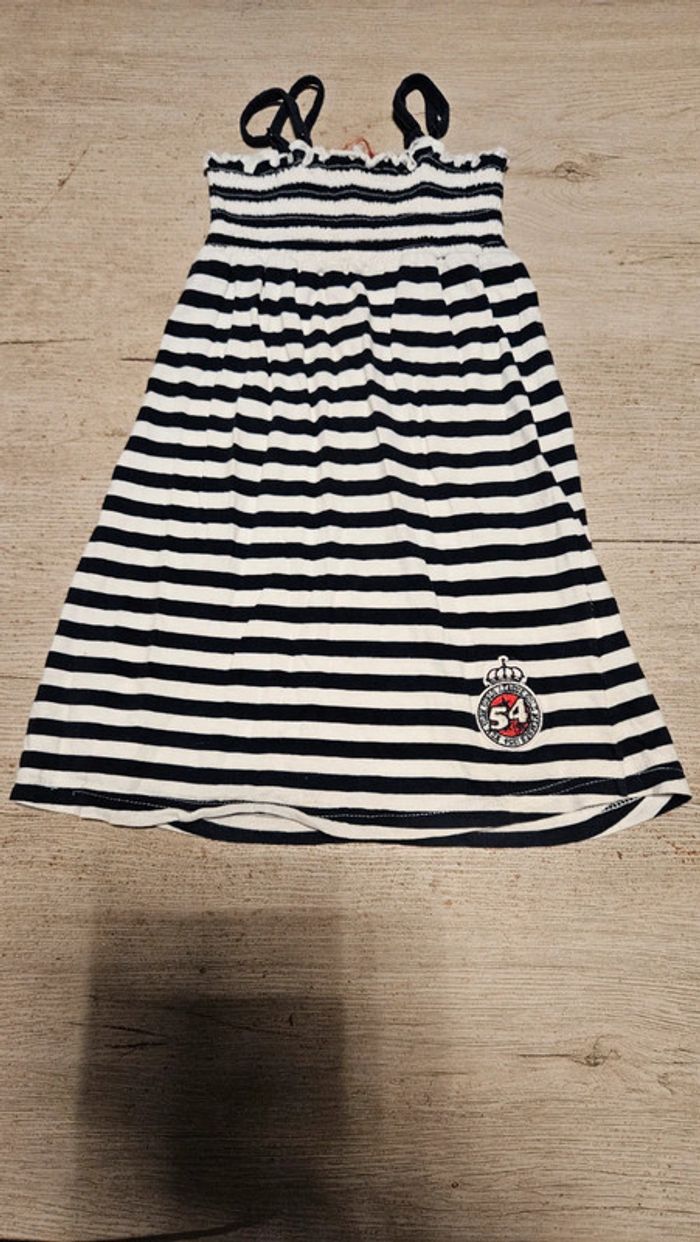 Robe courte d été à bretelles bleu foncé et blanc, New Basi, taille 6/7 ans, nickel