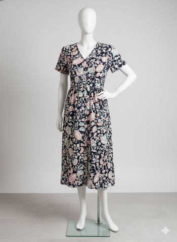 robe fluide imprimée marine manches courtes Taille S doublée boutonnée devant Akoz  Neuve