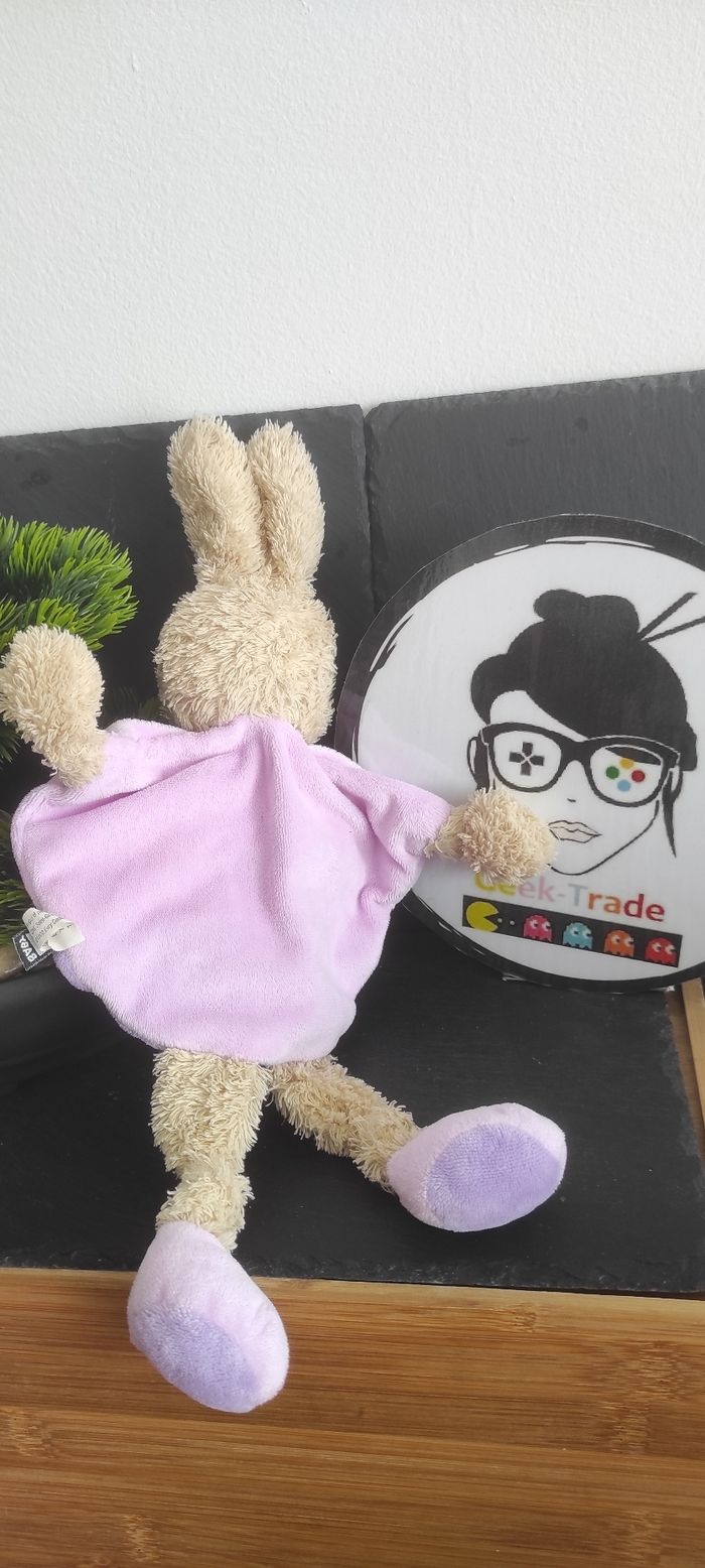 Doudou lapin plat violet beige tex baby marron fleur papillon Patte Demi Lune - photo numéro 2
