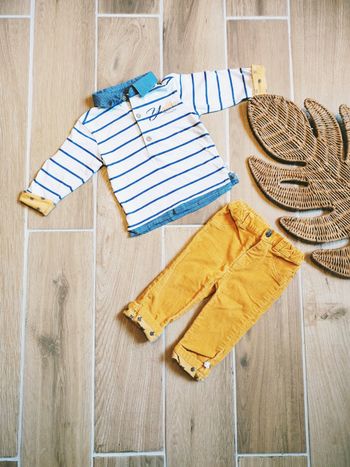 🧒🏻Noukie's - Ensemble Pantalon velours jaune moutarde et polo t-shirt marinière  - Taille 12mois