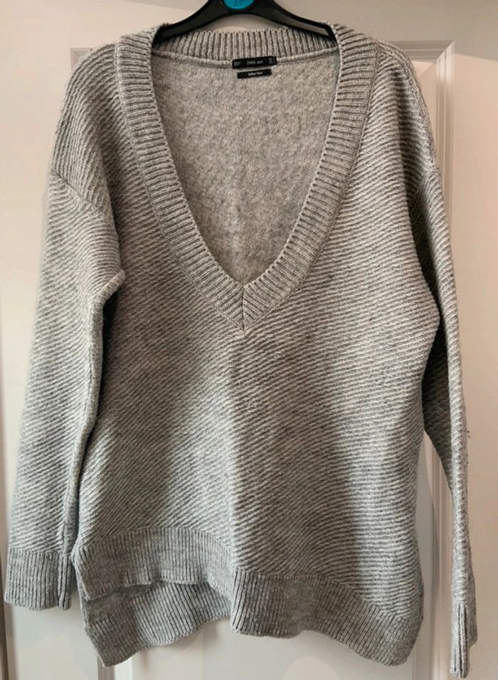 🔝 Pull col v manches longues oversize Zara gris et blanc taille S 36