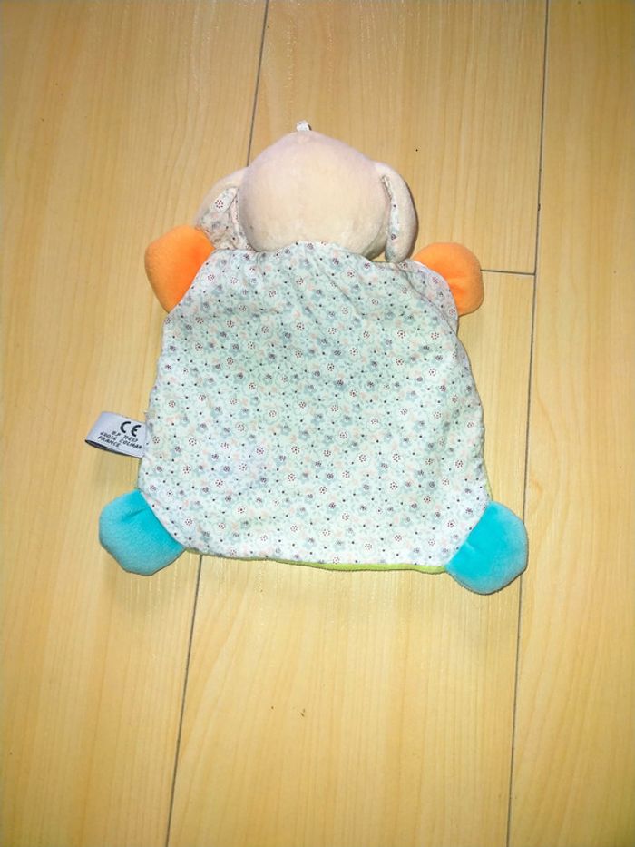 Doudou Plat Ours Ecru Bleu Bateau Pattes Orange Jaune Verso Fleurs CP International - photo numéro 2