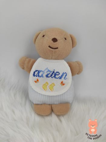 Doudou Ours beige Carreaux Vichy Bleu Blanc DMC