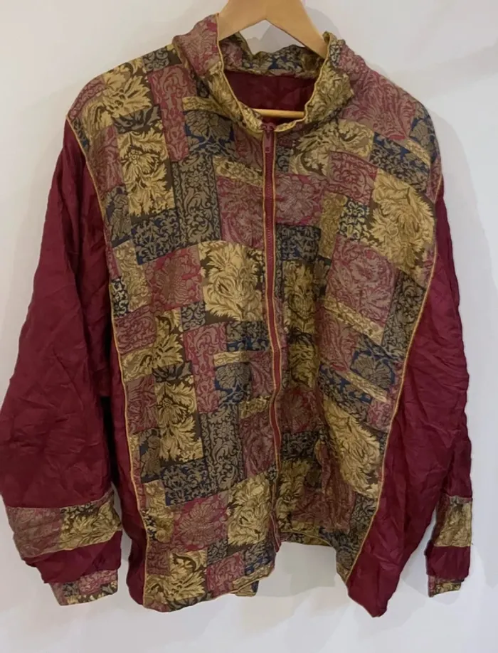 100% Silk Jacket vintage burgundy patchwork style Womens XXL - photo numéro 3
