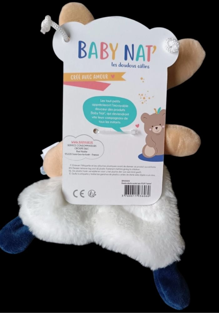 ❤️B345 Doudou Plat BABY NAT Lapin POUPI Marine blanc attache tétine fleur - photo numéro 2