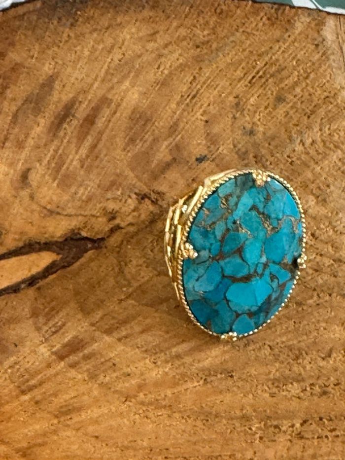 Grosse bague habaha Paris acier inoxydable or travaillées réglable grosse pierre turquoise - photo numéro 7