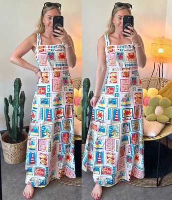 Belle robe longue d’été en lin à motifs colorés de plage taille S