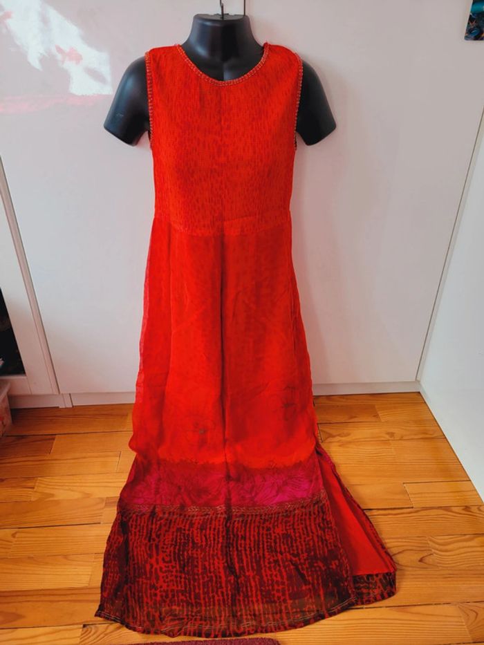 Robe longue rouge vintage René Derhy taille S 36 bordeaux motifs fleurs floraux - photo numéro 2
