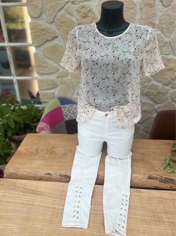 Karl Marc Jacobs Neuf avec étiquette Blouse t-shirt taille M 38 transparent été blanche rose Fleury