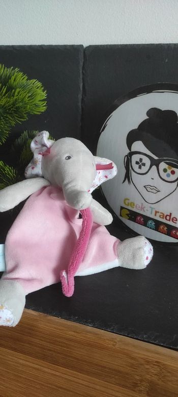 Attache Sucette Tétine Doudou Éléphant Églantine BN0515 Rose Blanc Gris Fleurs