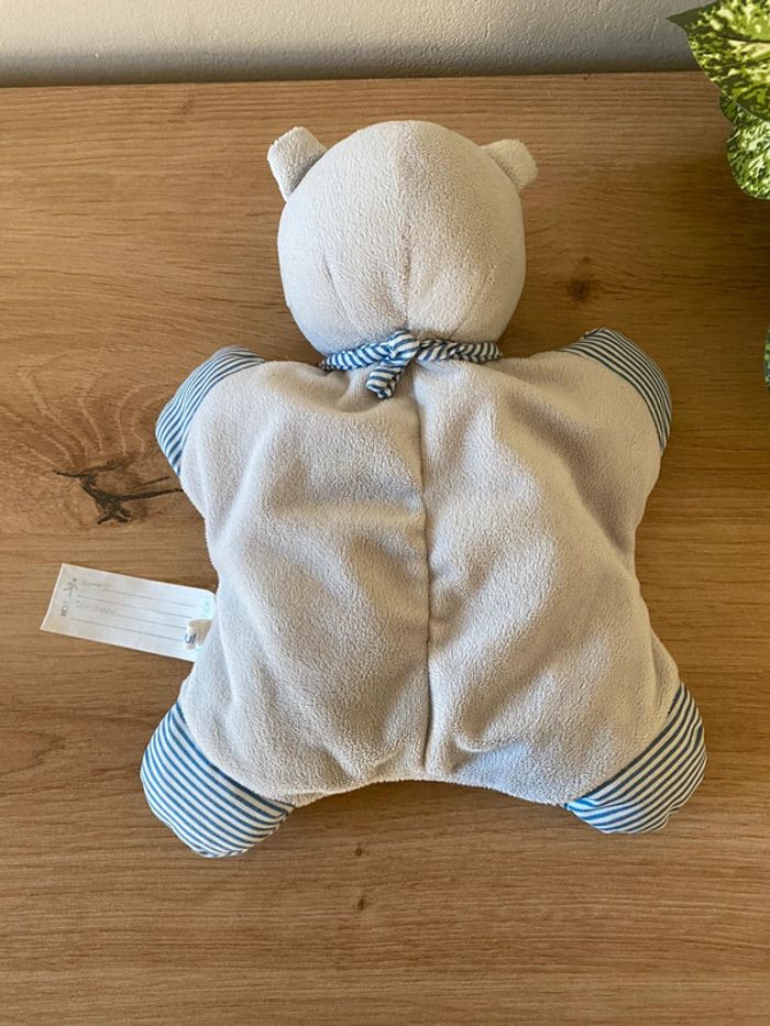 Doudou semi plat ours gris bandana rayé bleu blanc grelot bout chou - photo numéro 3